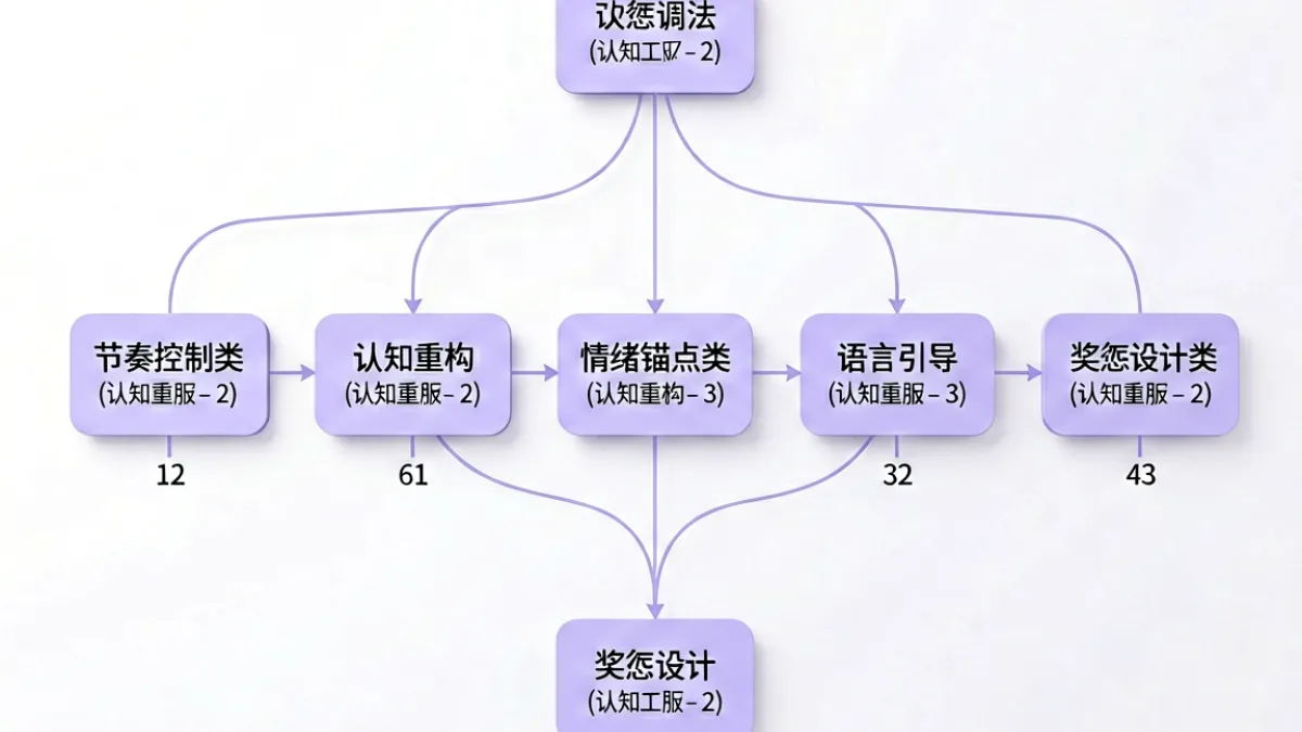示意图展示S调M的70种调法五大分类结构，用树状图呈现认知重构、情绪锚点等类别的层级关系
