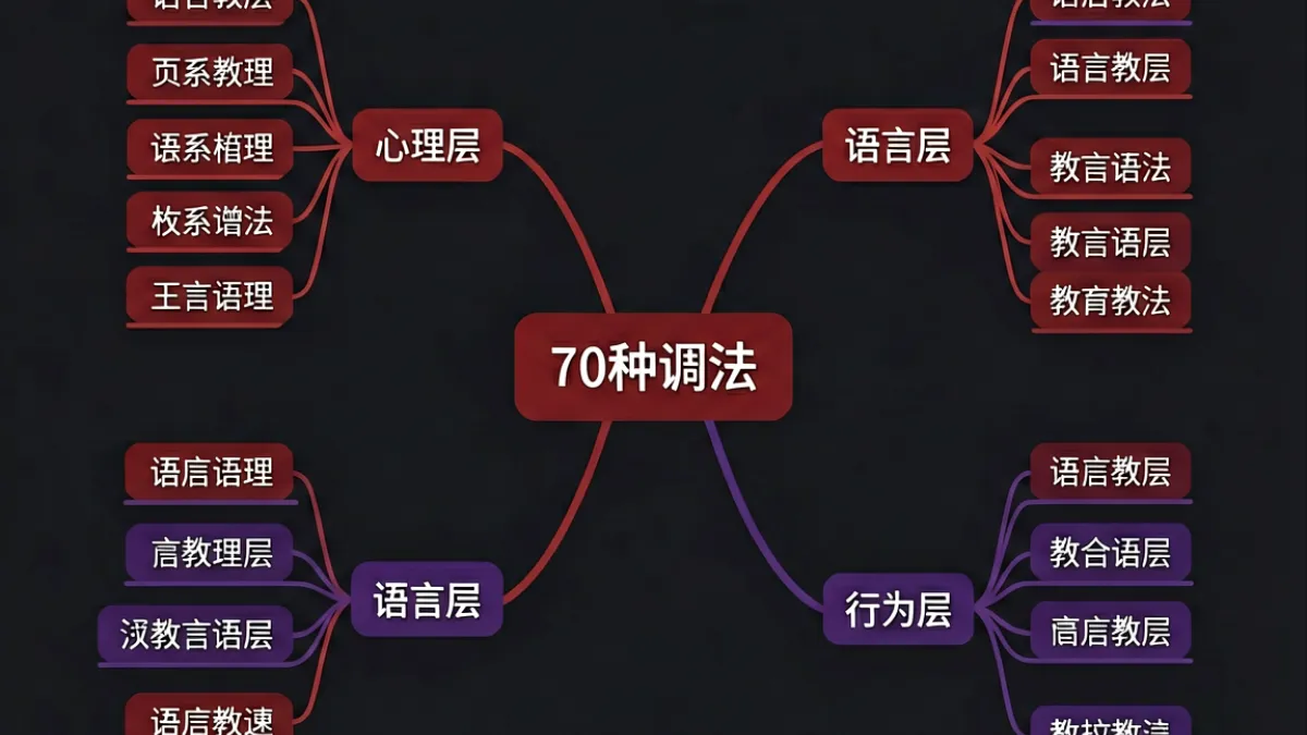 S调M的70种调法全览导图，展示从基础语言调教到进阶心理控制的分类框架